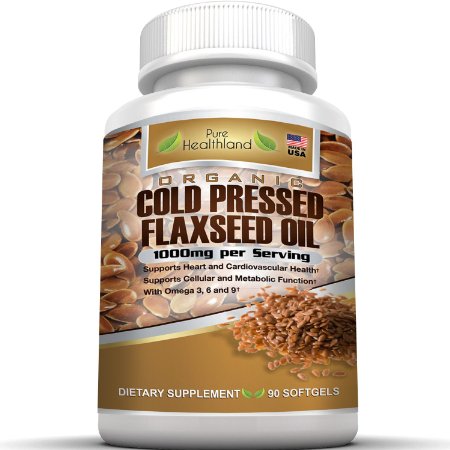 Organic Cold Pressed Flaxseed Oil Softgels 1000mg By Pure Healthland Omega 3 6 9 Essential Fatty Acids Flax Seed Oil Supplement Pills for Heart Health Boost Metabolism Healthy Hair Skin and Nails
