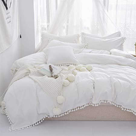 Softta Luxury and Elegant White Bedding Twin XL 3 Pcs Tassel Bohemian Duvet Cover Pompom 100% Washed Cotton with Zipper Close & Corner Ties