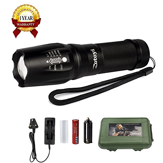LED Torch Flashlight, Zotoyi Ultra Bright Tactical Flashlight Portable Handheld Zoomable Adjustable Focus Torch Water Resistant with 5 Light Modes, 18650 Rechargeable Battery and Charger (for Camping and Hiking) Ship from UK
