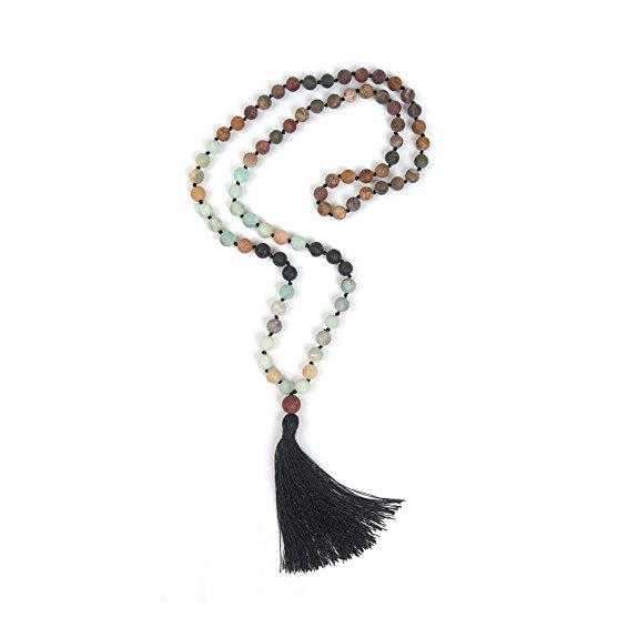 OKIKO Mala Beads Necklace Gemstone Chakra Boho Tassel Handmade Statement Long Chain Yoga Meditation Jewerly