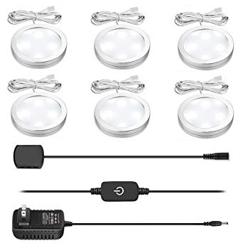 inShareplus LED Puck Light with Touch Dimmer, Natural White 4500K, CRI90 , DC12V 12W 1000Lumens, Ultra Thin Dimmable Under Counter Kitchen Lighting for Kitchen, Shelf, Cupboard, Silver, 6 Pack