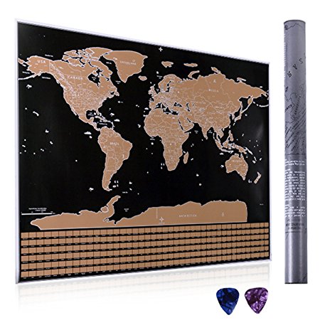 Scratch Off World Map - Travel Scratch Map Black and Gold Deluxe Edition,Bright Colors Premium Artwork Poster for Home Decor, Large 32.5 x 23.5 Inches