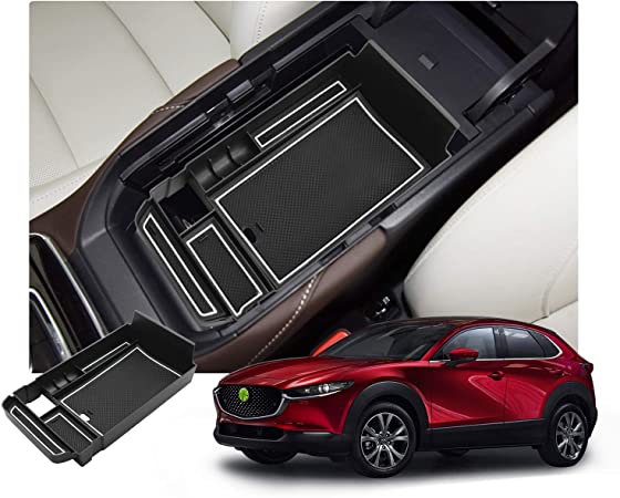 R RUIYA Console Organizer for 2019 2020 Mazda CX-30 Armrest Storage Box Glove Box Secondary Storage Accessories with Coin Holder(Storage Box White)