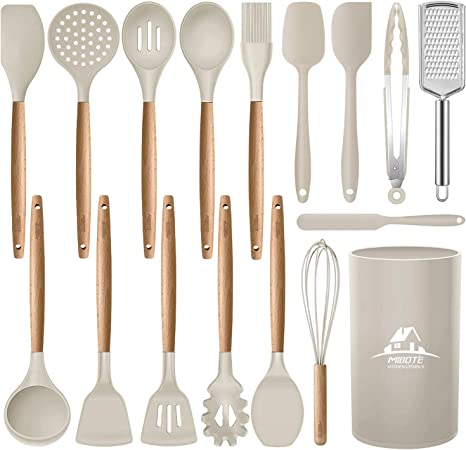 MIBOTE 17 Pcs Silicone Cooking Kitchen Utensils Set with Holder, Wooden Handles BPA Free Non Toxic Silicone Turner Tongs Spatula Spoon Kitchen Gadgets Utensil Set for Nonstick Cookware (Khaki)