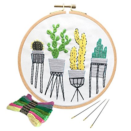 Unime Full Range of Embroidery Starter Kit with Partten, Cross Stitch Kit Including Embroidery Cloth with Color Pattern, Bamboo Embroidery Hoop, Color Threads, and Tools Kit (Cactus)