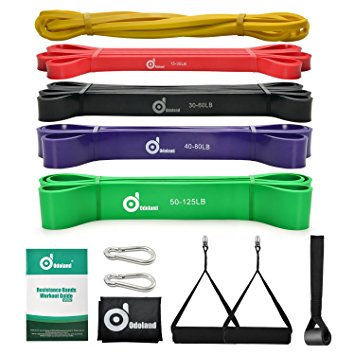 5 Packs Pull Up Assist Bands, Odoland Pull Up Straps, Resistance Bands with Door Anchor and Handles, Stretch Mobility, Powerlifting and Extra Durable Exercise Bands with eGuide