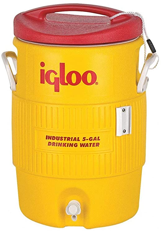 Igloo Water Cooler 5 Gallon Yellow / Red Drip Resistant Push Button Spigot /Keeper Cord Affixes Lid To Cooler / Reinforced Handles 451