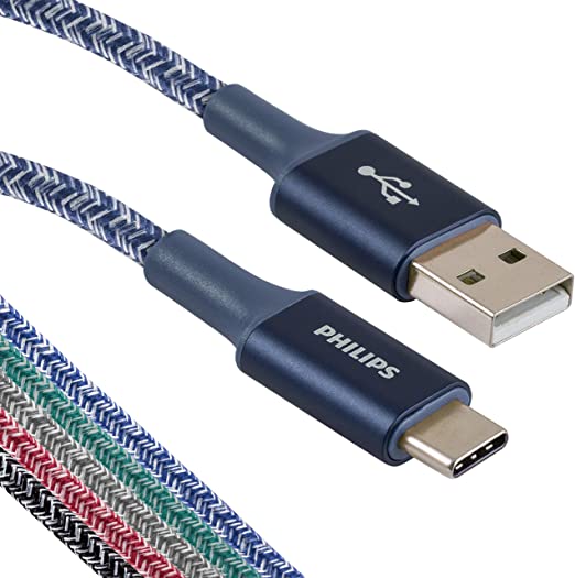 Philips 6 Ft. 2 Pack USB Type C Cable, USB-A to USB-C Blue Durable Braided Fast Charging Cable, Compatible with iPad Pro, MacBook Pro, Samsung Galaxy S10 S9 Note 9 8 S8 Plus, DLC5226UA/37