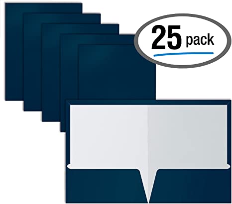 2 Pocket Glossy Laminated Navy Blue Paper Folders, Box of 25, Letter Size, Dark Blue Paper Portfolios by Better Office Products, 25 Pack