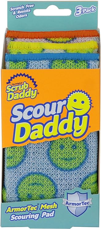 Scrub Daddy Scour Pads - Scour Daddy - Multi-Surface Scouring Pad, Absorbent, Durable, FlexTexture Sponge, Soft in Warm Water, Firm in Cold, Scratch Free, Odor Resistant, Easy to Clean 3ct (Pack of 1)