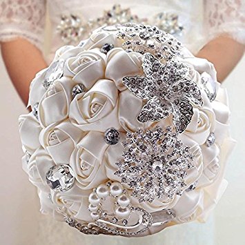 Qjoy Bride Hand bouquet Bridesmaid Bridal Brooch Fashion Sparkle Crystal Beaded Flowers Artifical Bouquets Wedding Supplies (White) (Type 2)