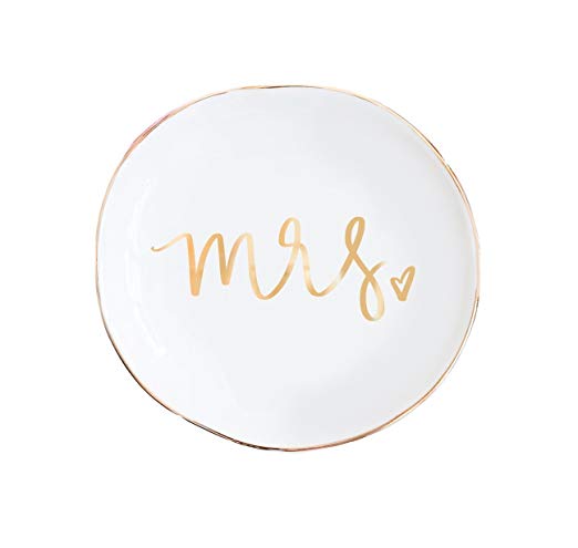 Mrs Jewelry Dish | Small Gold Ceramic Ring Trinket Tray Wedding Gift for Bride Wifey Desk Storage Accessories Miss Office Decor Hand Lettered