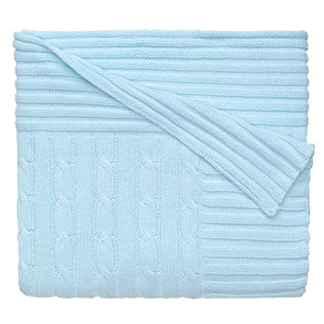 Elegant Baby 100% Cotton, Wide Cable Knit Blanket with Wide Ribbed Border 36 x 45 Inch in Baby Blue