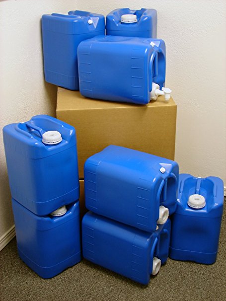 5 Gallon Samson Stackers, Blue, 8 Pack (40 Gallons), Emergency Water Storage Kit - New! - Boxed! Includes 1 Spigot and Cap Wrench