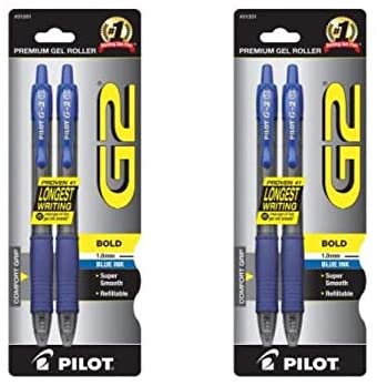 Pilot G2 Retractable Premium Gel Ink Roller Ball Pens, Bold Point, Blue Ink, 2 Pack of 2 (31251)