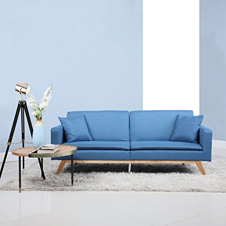 Modern Tufted Linen Splitback Recliner Sleeper Futon Sofa (Blue)