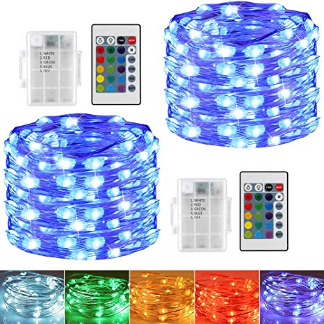 POHO 2Pack 16.4ft RGB Fairy Lights, 16 Colors Changing String Lights, 4 Modes LED Starry Lights with RF Remote & Timer, Battery Powered IP67 Waterproof Copper Wire Lights for Parties, Christmas, Decor