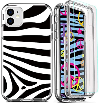 DecaStars for iPhone 11 Case, Clear Phone Case with [2 x Tempered Glass Screen Protector] Shockproof 360 Full Body Hard PC Soft Silicone TPU 3in1 Military Standard Protective Cover #1 Zebra Stripes