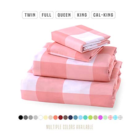 Luxe Bedding Sets - Queen Sheets 4 Piece, Flat Bed Sheets, Deep Pocket Fitted Sheet, Pillow Cases, Queen Sheet Set - Gingham Pink