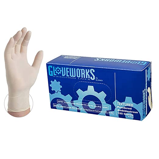 GLOVEWORKS Industrial White Latex Gloves - 4 mil, Powdered, Textured, Disposable, Medium, TL44100-BX, Box of 100