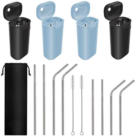12 Packs Collapsible Reusable Stainless Steel Drinking Straws Set, 4 Foldable Straws with Portable Cases, 8 Dishwasher Safe Long Straws for 30oz 20oz Tumbler Cups, Includes Cleaning Brushes & Pouch