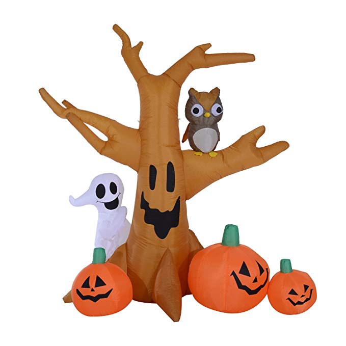 HOMCOM 7.5' Tall Outdoor Lighted Airblown Inflatable Halloween Decoration - Haunted Tree with Owl/Ghost/Pumpkins