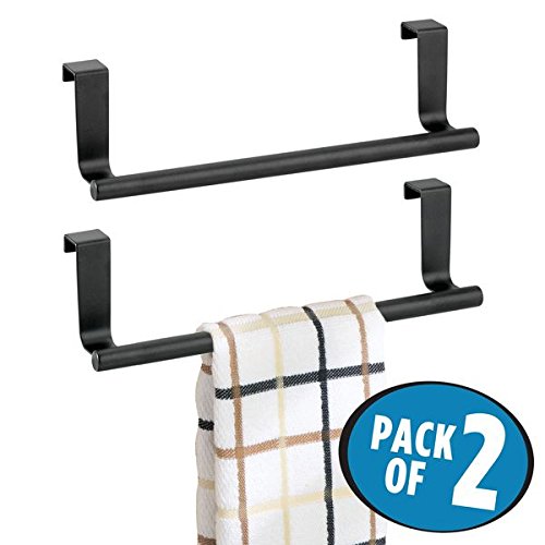 mDesign Over-the-Cabinet Hand Towel Bar Holder for Kitchen Storage - Pack of 2, 9", Matte Black