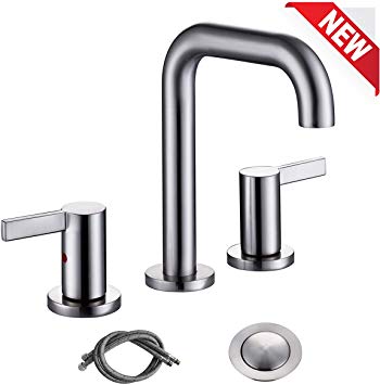 RKF Solid Brass Two Handle Widespread Bathroom Sink Faucet with METAL Pop-up Drain with overflow and CUPC Supply Hoses,CWF028-BN,Brushed Nickel