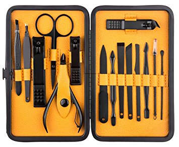 Nail Kits Professional Stainless Steel Nail Clipper Travel & Manicure tools、Grooming Kit、Pedicure Set of 15pcs with Luxurious Case(Black/Yellow)