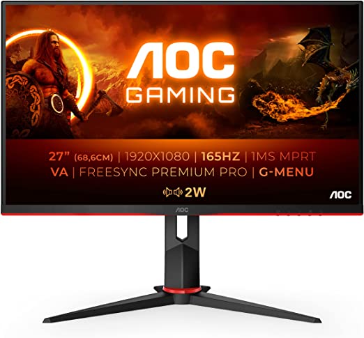 AOC AGON 27G2SAE - 27 Inch FHD Gaming Monitor, 165Hz, 1ms, VA, FreeSync premium, Shadow control, Speakers (1920 x 1080 @ 165Hz, 350 cd/m² , HDMI 1.4/ DisplayPort 1.2)