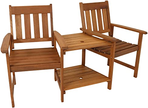 Sunnydaze Meranti Wood with Teak Oil Finish Outdoor Jack-and-Jill Chairs with Attached Table - 2-Chair Tete-a-Tete Furniture Set for Garden, Lawn, Porch, Balcony and Lawn - 65-Inch