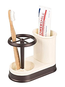 mDesign Toothbrush and Toothpaste Holder and Organizer for Bathroom Storage – Vanilla/Bronze