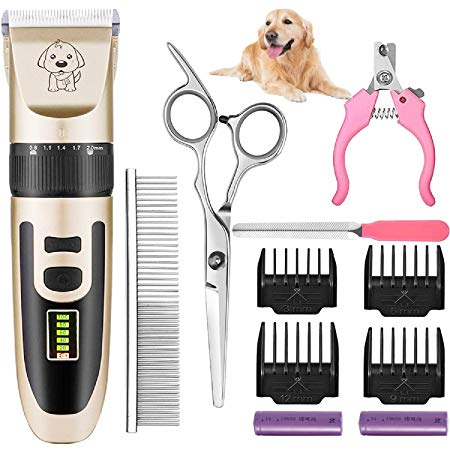 TaoQi Dog Clippers, Dog Grooming Kit Cordless Cat Dog Trimmer Blade Hair Cutting Machine Pets Hair Remover Rechargeable 2 Accelerating Modes (Gold)