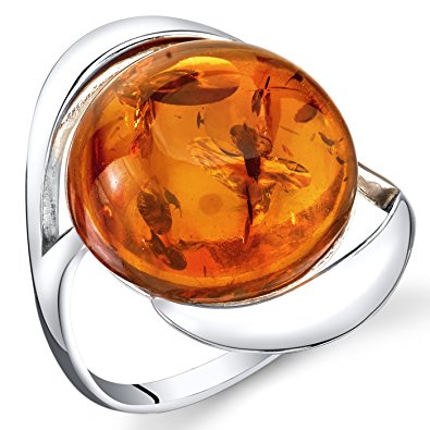 Baltic Amber Swirl Ring Sterling Silver Cognac Color Large Round Shape Sizes 5-9
