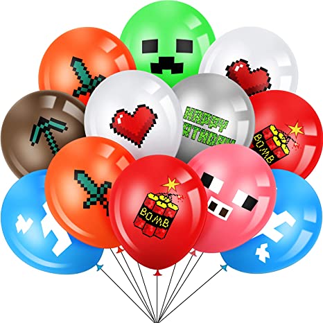 40 Pieces Pixelated Party Balloons, 12 Inch Double-Sided Mining Pixel Video Game Styled Birthday Decoration Latex Balloons for Indoor Outdoor Boys Girls Pixel Birthday Party Favors