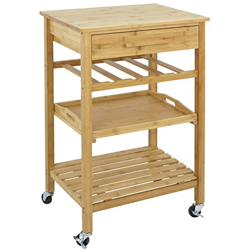 SUPER DEAL Bamboo Rolling Storage Cart Kitchen Trolley Bakers Cart Wine Rack w/ Drawers and Shelves