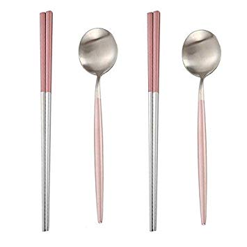 MBB 2 Spoons & 2 Pairs of Chopsticks Flatware set Dinnerware Stainless Steel - Pink Silver