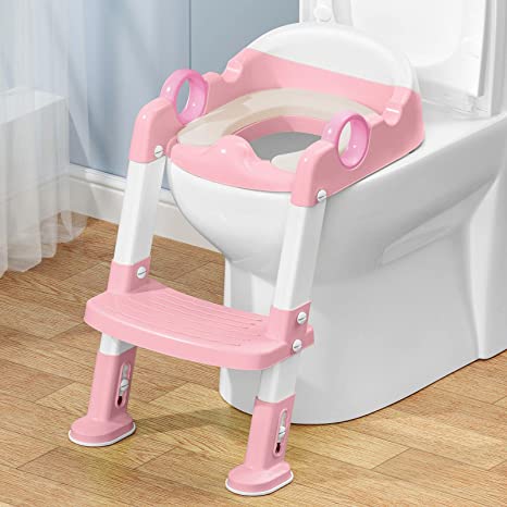 Potty Training Toilet Seat with Step Stool Ladder for Boys and Girls,Toddler Kid Children Toilet Training Seat Chair with Handles,Height Adjustable,Non-Slip Wide Step(Pink,Upgraded Leather Cushion)