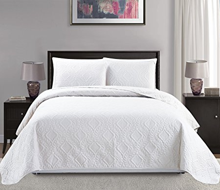 Mk Collection King/California king over size 118"x106" 3 pc Diamond Bedspread Bed-cover Embossed solid White Brand New