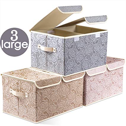 Large Foldable Storage Bins with Lids [3-Pack] Fabric Decorative Storage Box Cubes Organizer Containers Baskets with Cover Handles Removable Divider for Home Bedroom Closet Nursery (17.3x11.8x9.8")