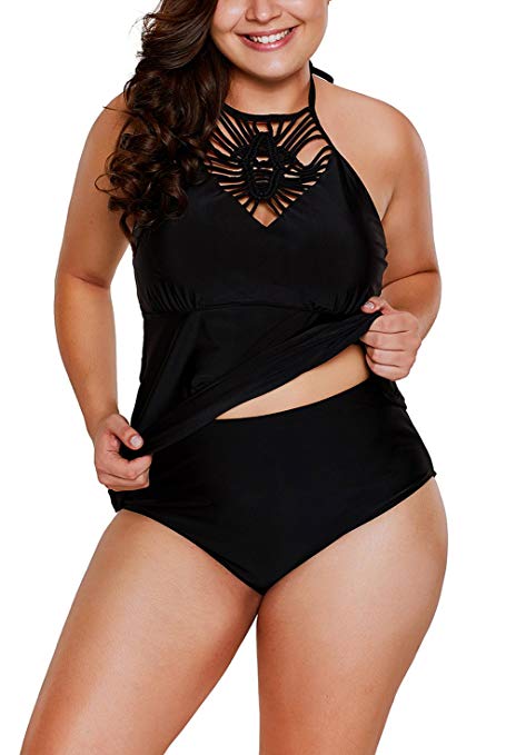 Asvivid Women's Plus Size Crochet Halter Tankini Swimsuit Two Piece Swimwear Bathing Suit