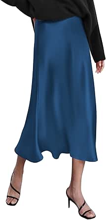 Zeagoo Womens Satin Skirts Casual Silk Midi Skirt High Waisted Long Skirts Zipper Elegant Work Skirts