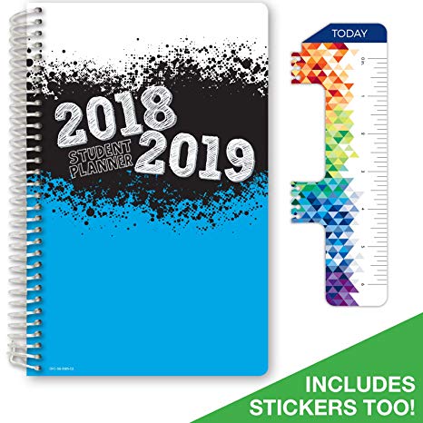 Dated Middle School or High School Student Planner for Academic Year 2018-2019 (Block Style - 5.5"x8.5" - Blue, Black, White Cover) - Bonus Ruler/Bookmark and Planning Stickers