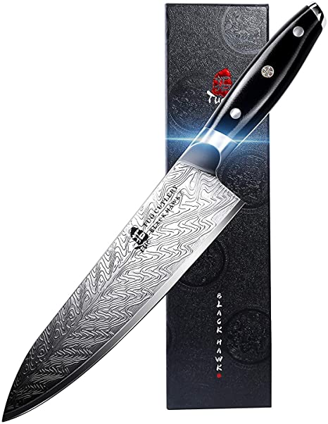 TUO Black Hawk-S Chef Knife - Professional Chef Knife, 8 inch High Carbon Stainless Steel Kitchen Knife with G10 Full Tang Handle, Plus Microfiber Cloth - Value Bundle