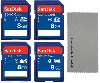 SanDisk 8 GB Class 4 SD HC Flash Memory Card - 4 Pack With Everything But Stromboli (tm) MicroFiber Cleaning Cloth