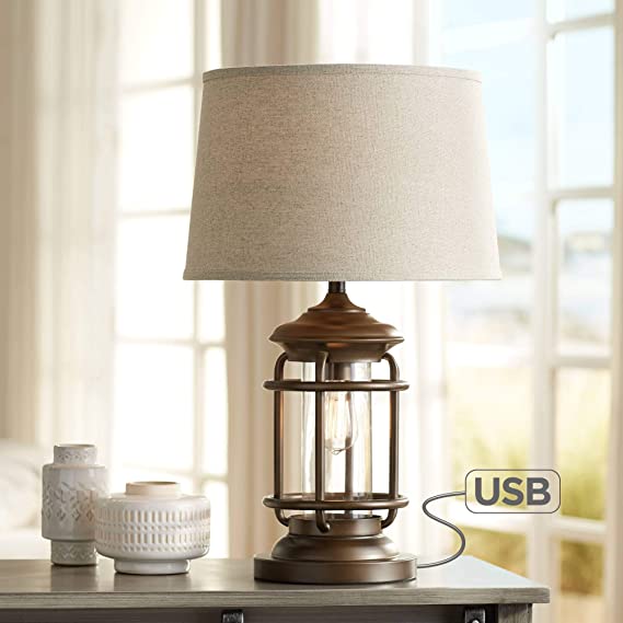 Andreas Industrial Table Lamp with Nightlight and USB Port Brown Metal Oatmeal Fabric Tapered Drum Shade Antique LED Edison Bulb for Living Room Bedroom Bedside Nightstand Office - Franklin Iron Works
