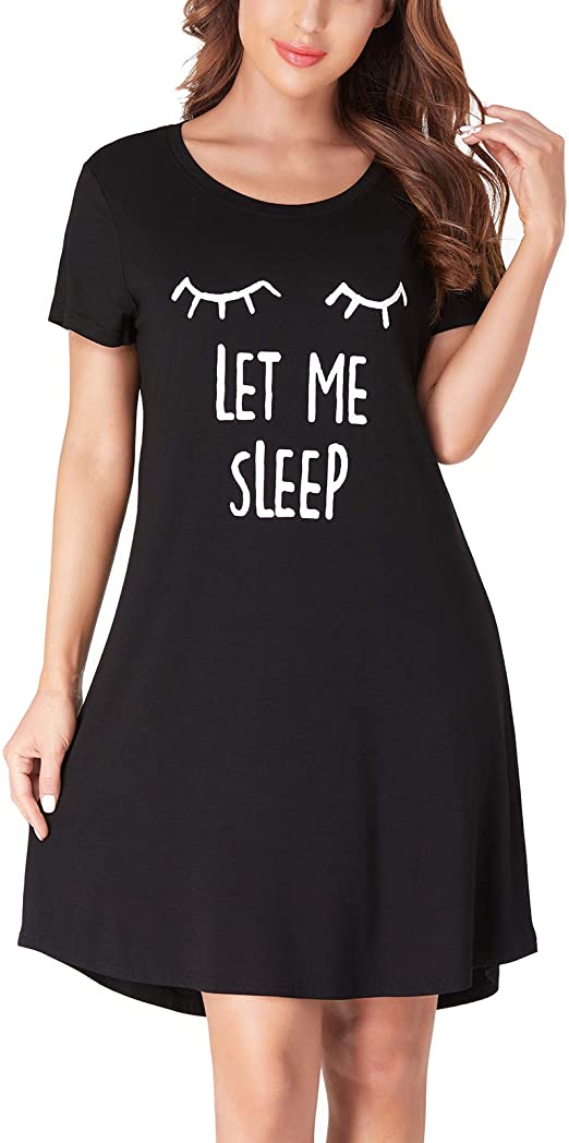 Womens Sleepwear Nightgowns O Neck Short Sleeve Sleepshirt Cute Print Nightgown Soft Loungewear Nightdress