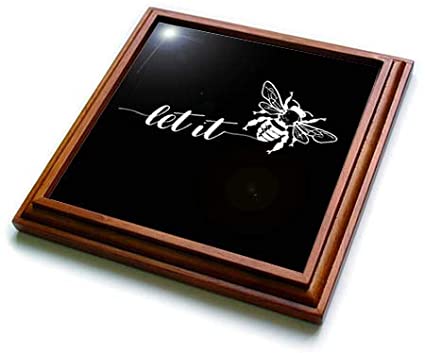 3dRose Stamp City - typography - Let it be. Cursive white lettering and bee on a black background. - 8x8 Trivet with 6x6 ceramic tile (trv_322488_1)