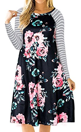 VIISHOW Women Floral Print Long Sleeve Casual T-shirt Dress with Pockets