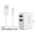Apple MFI Certified Nekmit 8 Pin Lightning Cable with 17W 34A Dual Port USB AC Charger Power Adapter for iPhone 6 6 Plus iPhone 5 5s 5c iPod Touch 5th Nano 7th and iPad 4 Air Air 2 Mini-Compatible with IOS 8